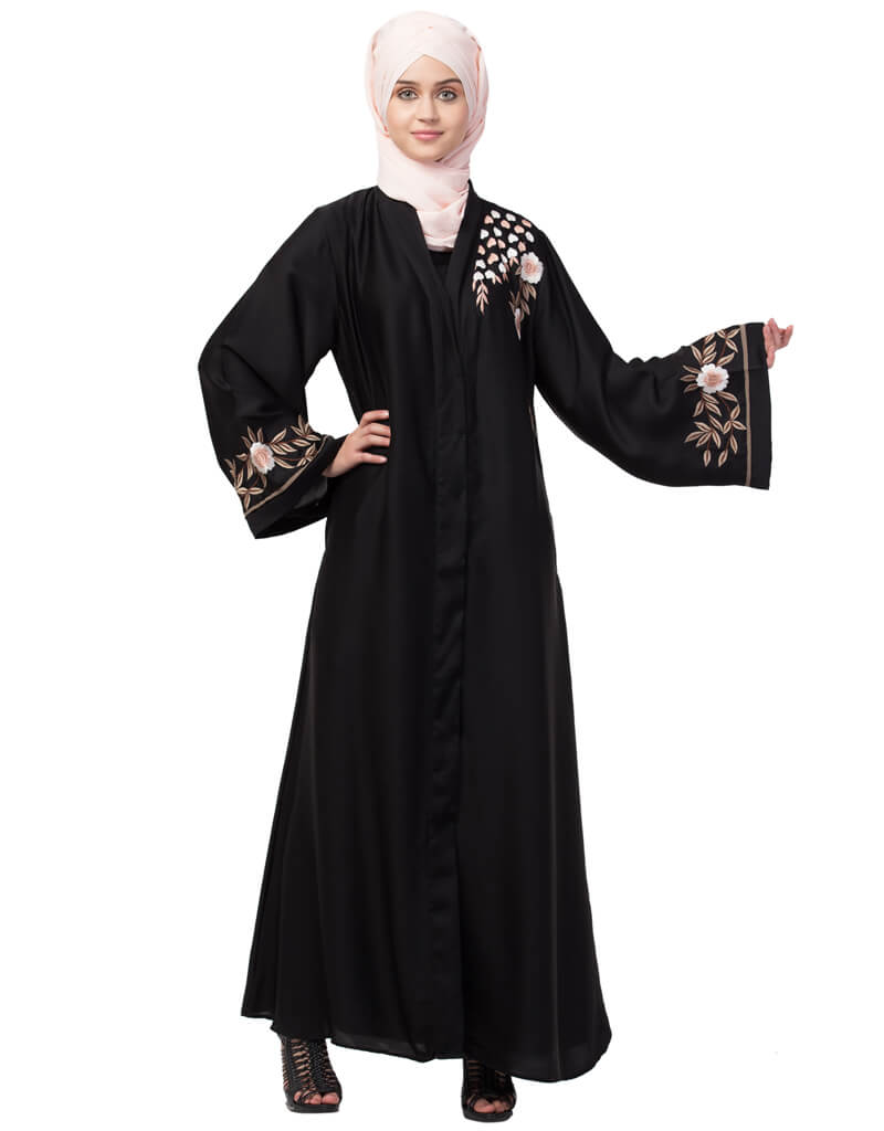 Trendy Front and Sleeve Resham embroidered A line Abaya Black