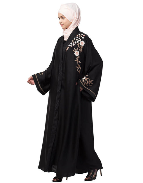 Modern Front to back Resham Embroidery Front Open  Abaya Black