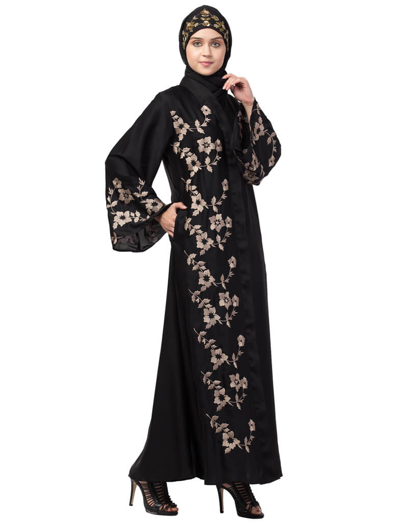 Muslim One side and sleeve Resham Embroidery front open Abaya  Navy Blue