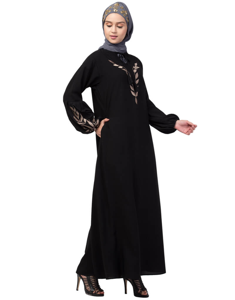 Islamic Front and sleeve resham embroidery contrast band front open abaya Black