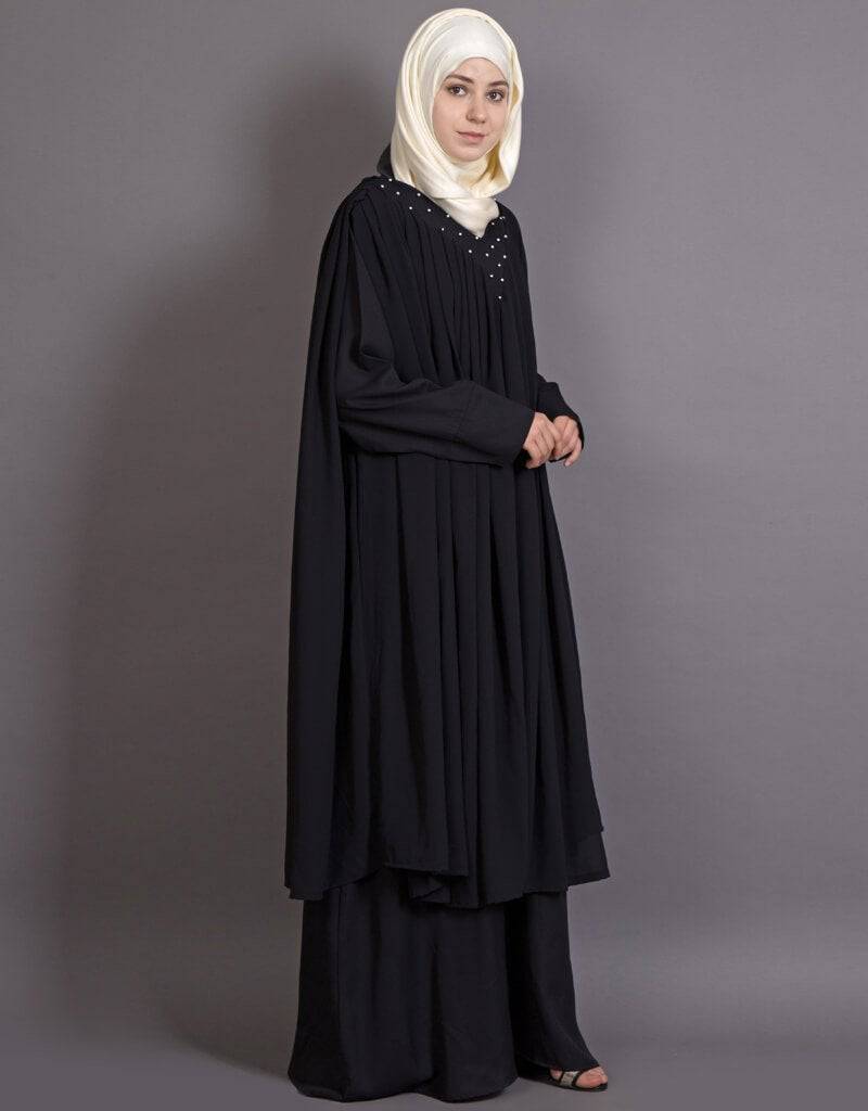 Arabic Embroidered neck band double layer Party Abaya Black Embroidered ...