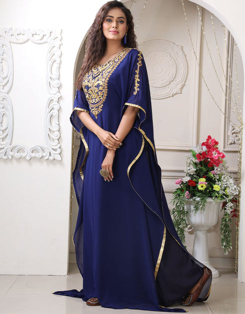 Women Dark Blue Georgette Hand Golden Embroidery Moroccan Style Kaftan
