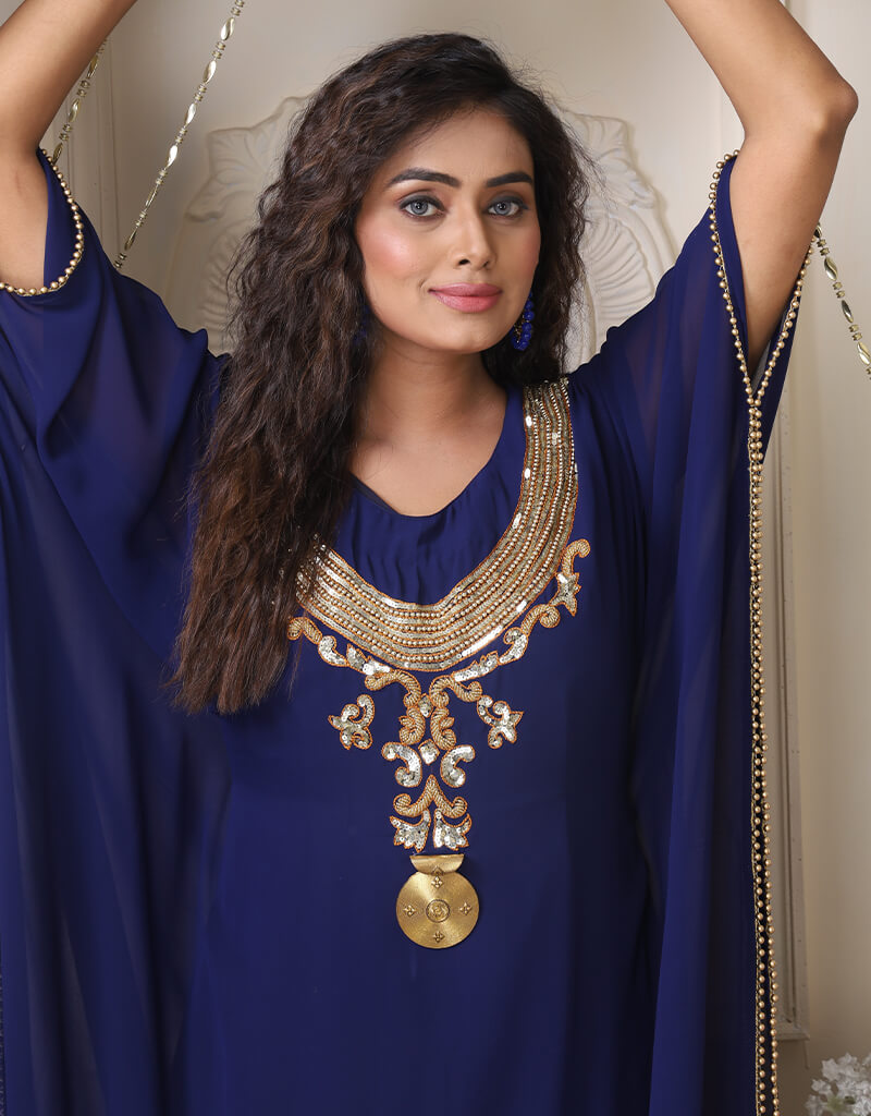 Muslim Dark Blue Crepe Georgette Hand Golden Embroidery Front Open Style Kaftan