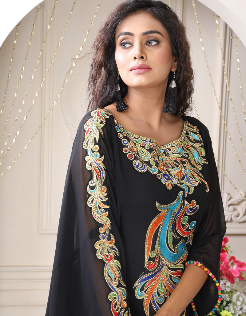 Women Dark Blue Georgette Stones Embroidery Farasha