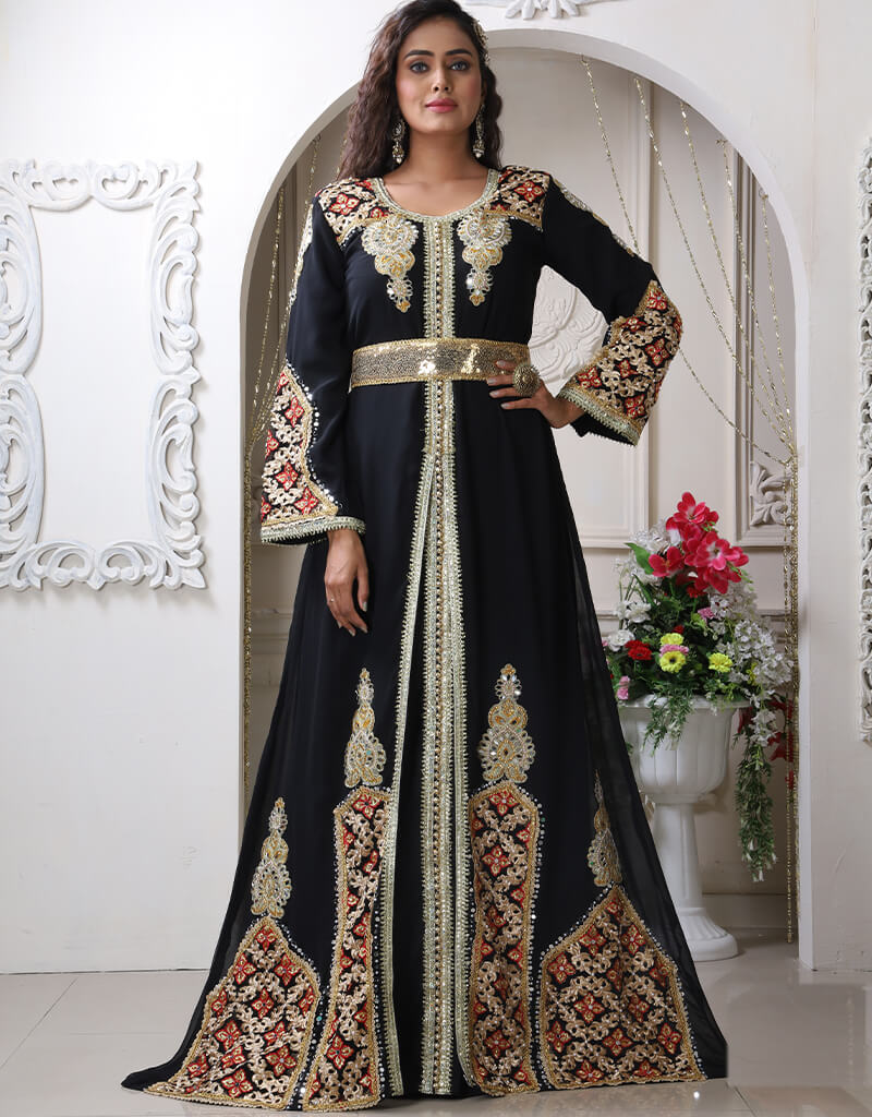 Moroccan Caftan - Handmade Cotton With Hand Embroidery, Black, Fits Small To Large (54" Long) - View #11
