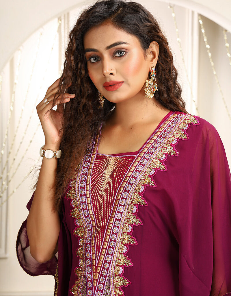 Trendy White Georgette Stones Embroidery Farasha