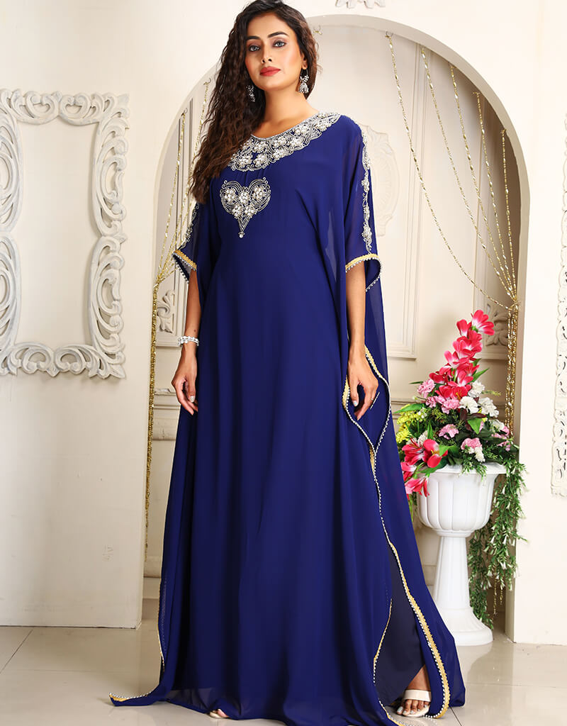 Arabic Dark Blue Georgette Stones Embroidery Farasha