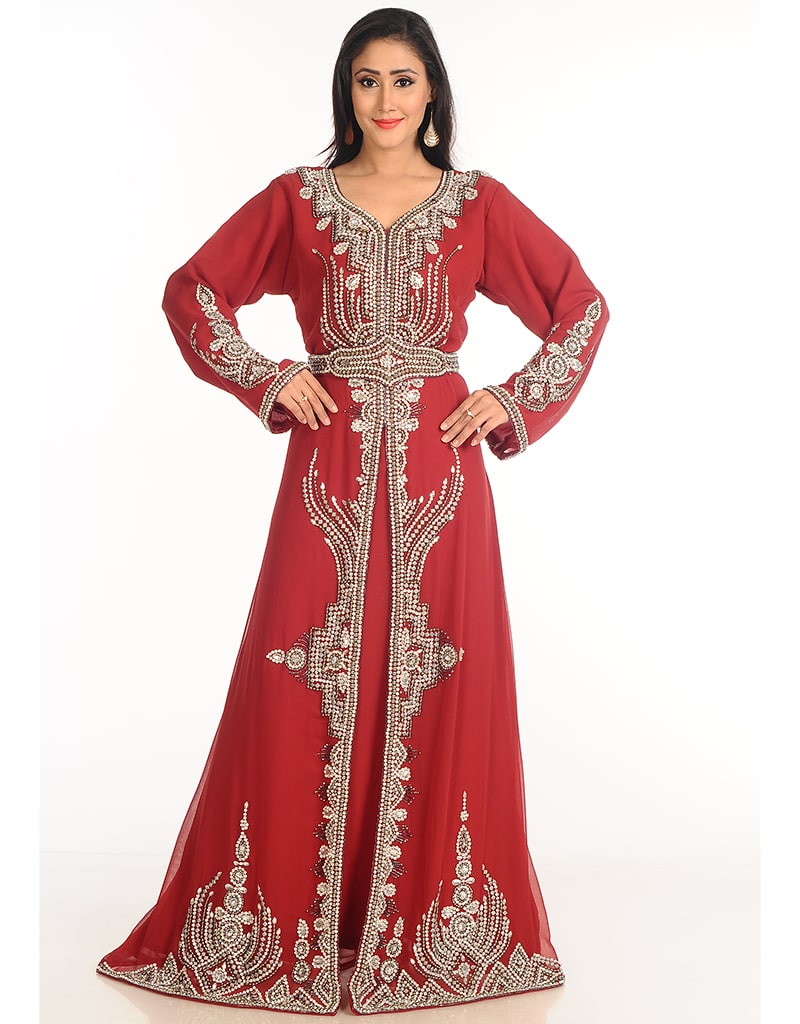 Arabic Maroon Georgette Hand Zari Embroidery Kaftan Takchita, Silver ...
