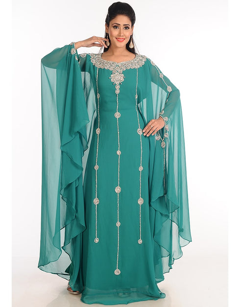 Trendy Green Georgette Hand Silver Embroidery Front Open Kaftan main image 1