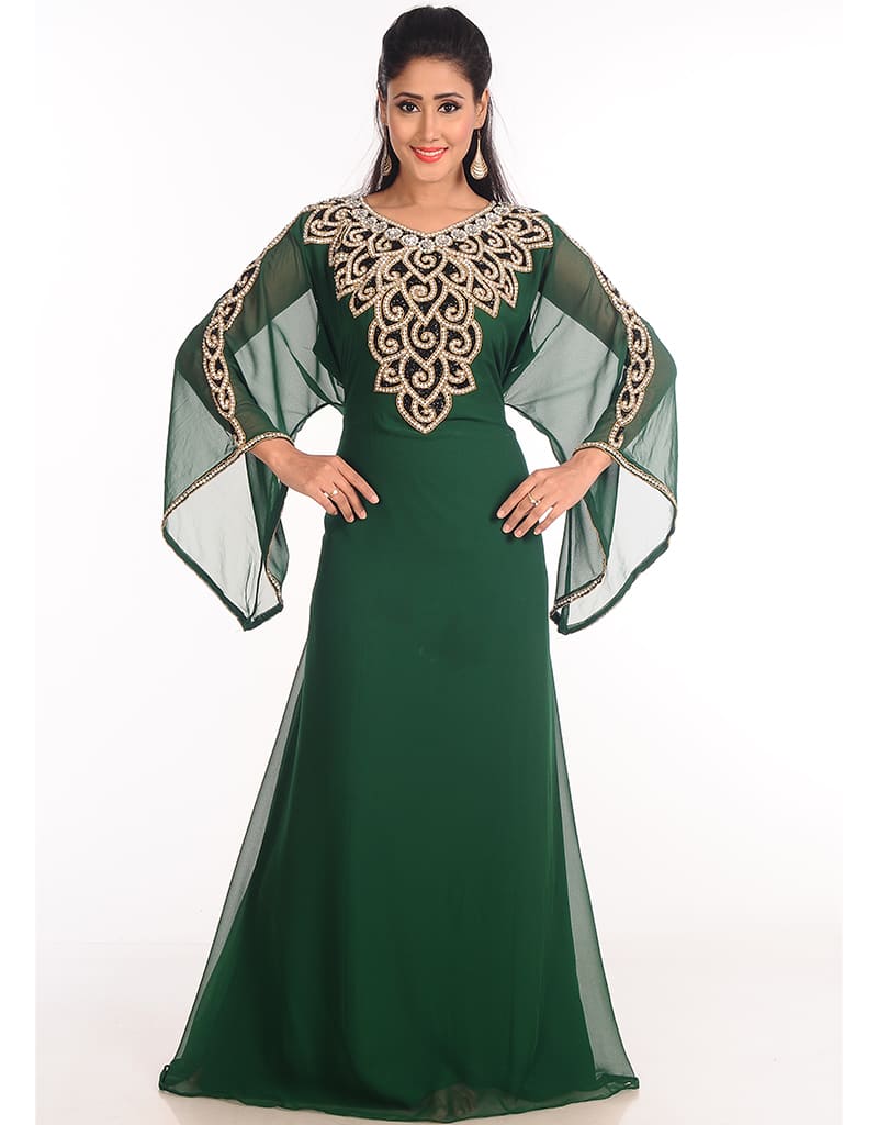 Arabic Peach Georgette Hand Zari Embroidery Galabiya