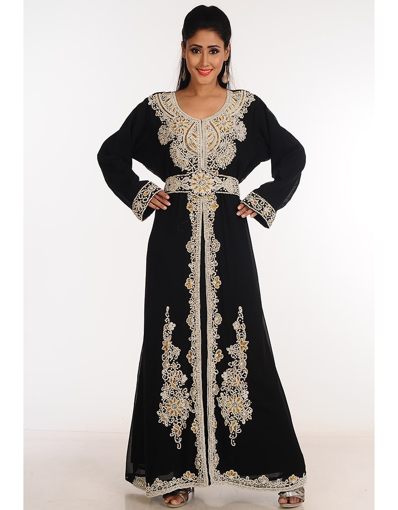 Arabic Maroon Georgette Hand Zari Embroidery Kaftan