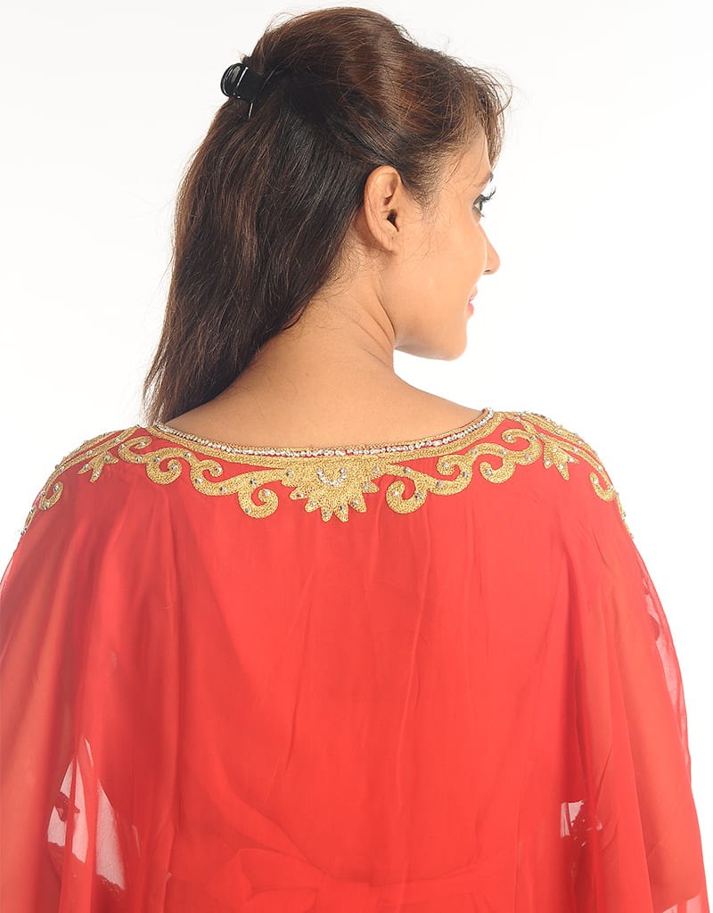 Women Ruby Red Georgette Hand Zari Embroidery Farasha