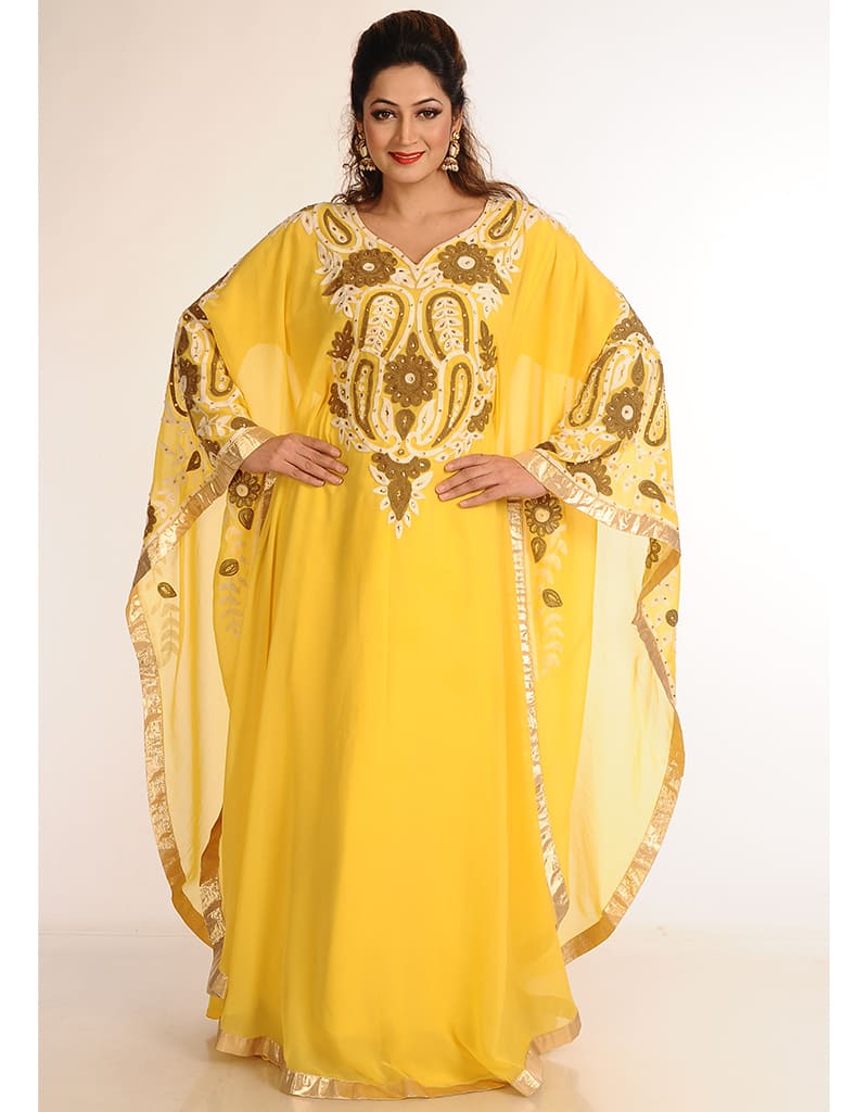Arabic Orange Georgette Hand Zari Embroidery Farasha
