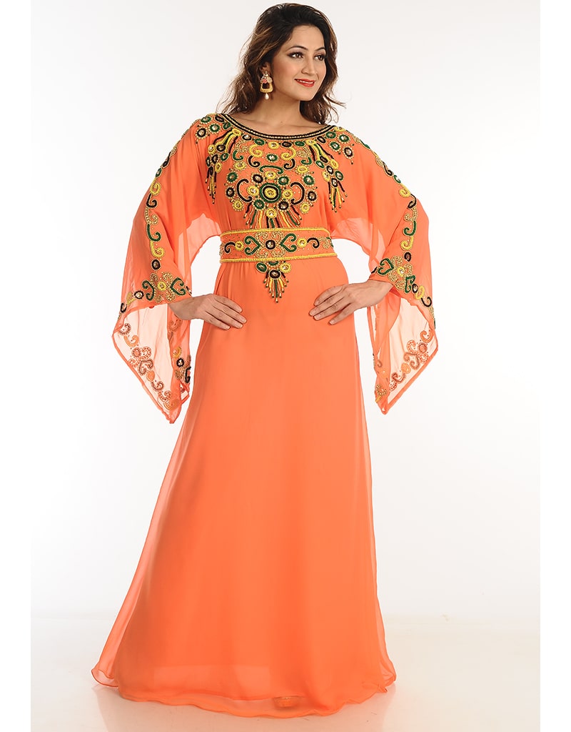 Dubai Maroon Georgette Hand Zari Embroidery Galabiya