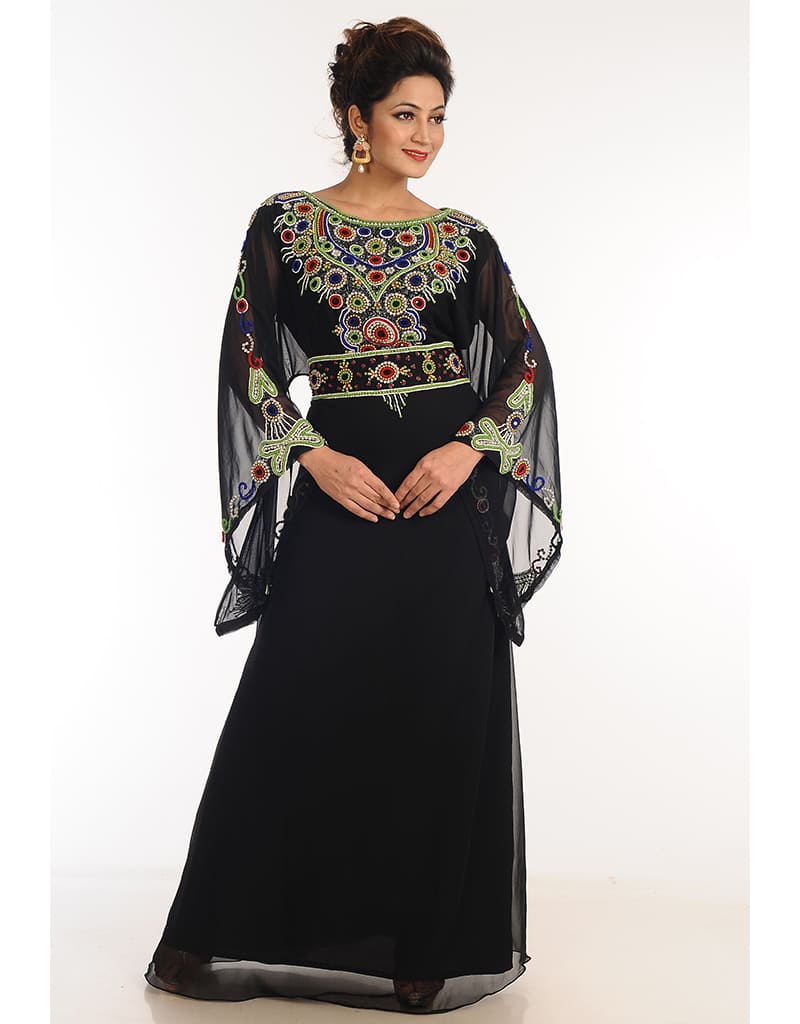 Women Black Georgette Hand Zari Embroidery Dubai Kaftan