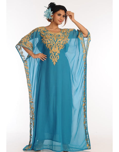 Arabic Firozi Georgette Hand Zari Embroidery Kaftan