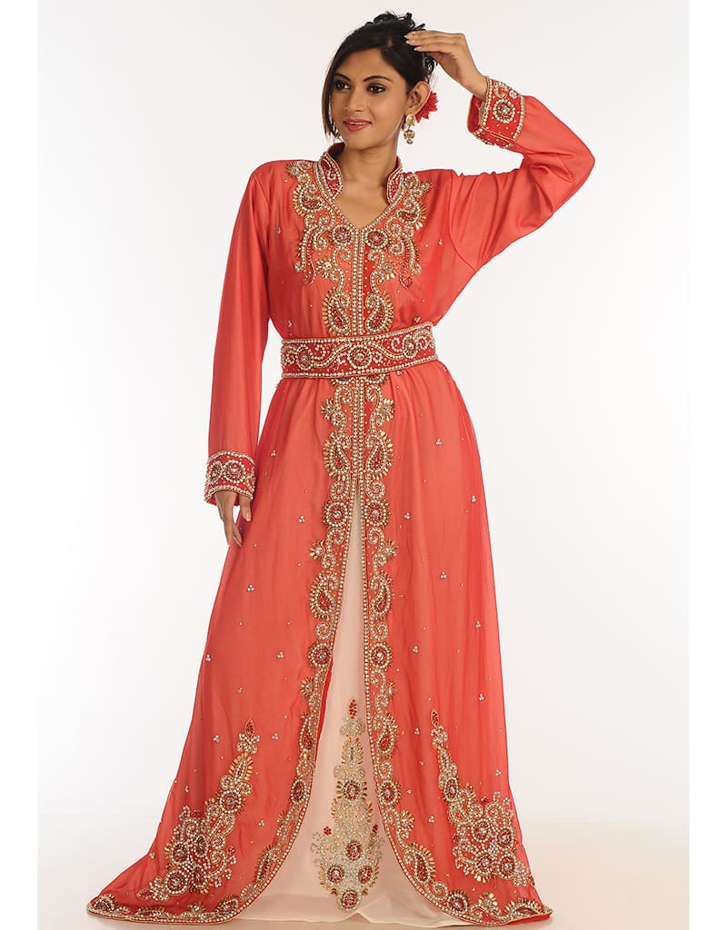 Modern White Georgette Hand Peral Embroidery Kaftan