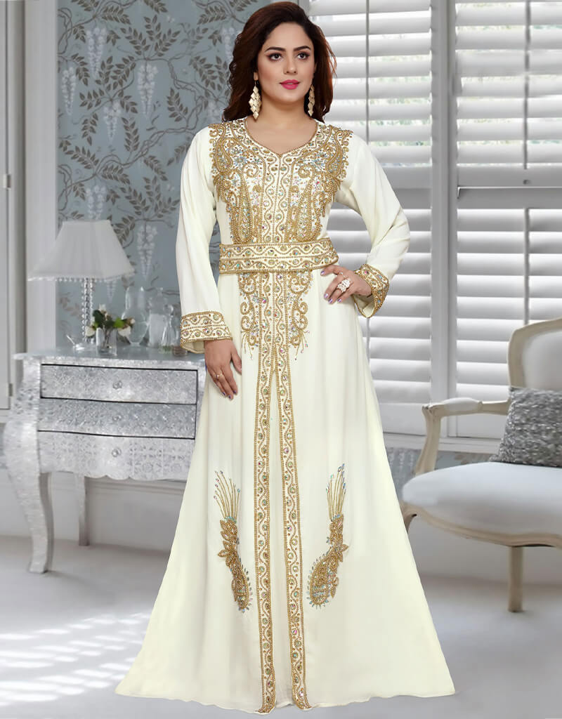 Modest White Georgette Hand Zari Golden Embroidery Moroccan Kaftan Moroccan, Golden, Georgette, Handmade, Off White, White, Kaftans, XS, S, M, L, XL, Modest White Georgette Hand Zari Golden Embroidery Moroccan Kaftan Moroccan, Golden, Georgette, Handmade, Off White, White, Kaftans, XS, S, M, L, XL,