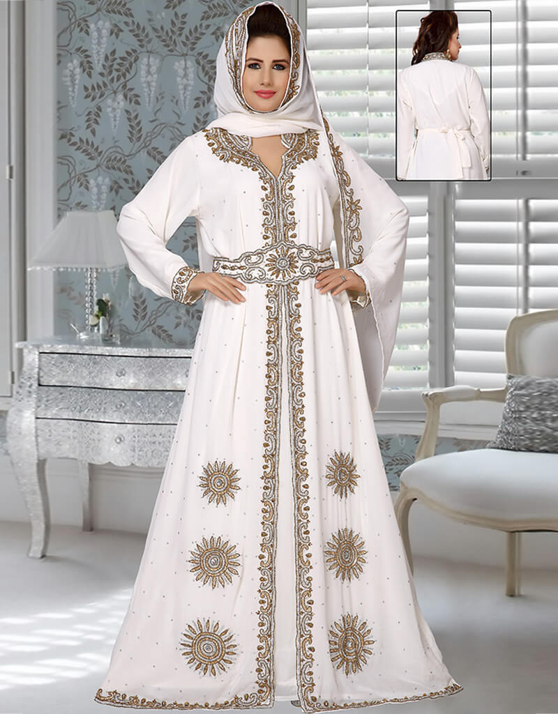 Muslimah Peach Georgette Hand Zari Embroidery Kaftan