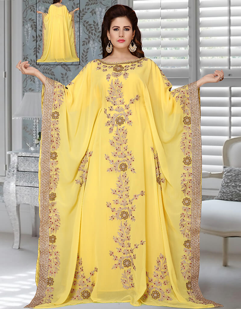 Islamic Yellow Georgette Hand Embroidery Party Wear Kaftan
