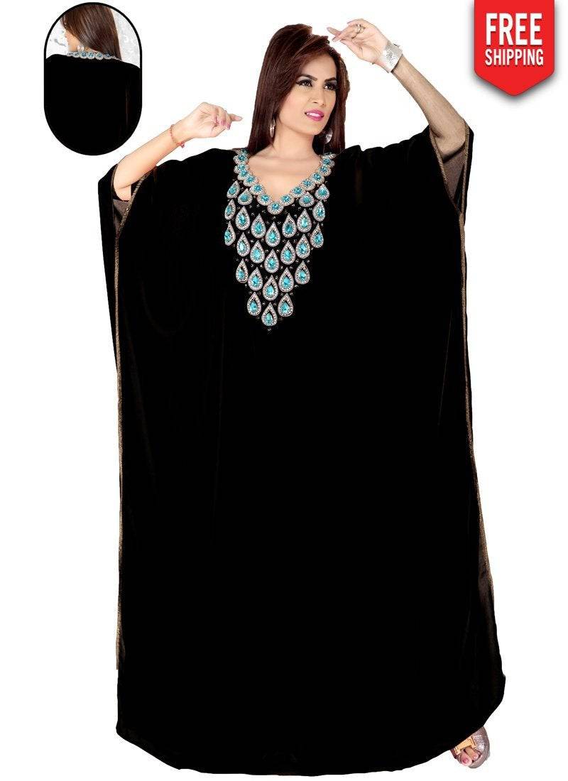 Short Sleeve Farasha Kaftan With Stone Work In neckline main image 1