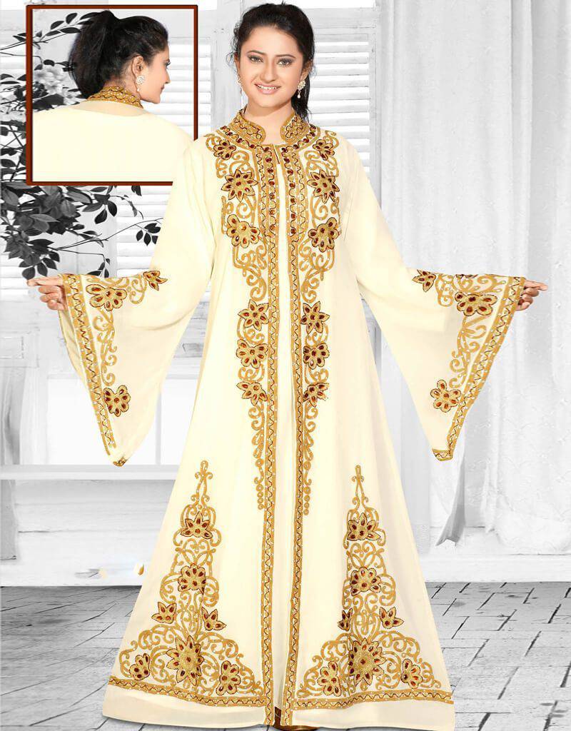 Jacket Style Party Wear Kaftan, Jacket Style, Georgette Fabric, Beige Color, Machine Work, Golden Embroidered Beige / 7XL