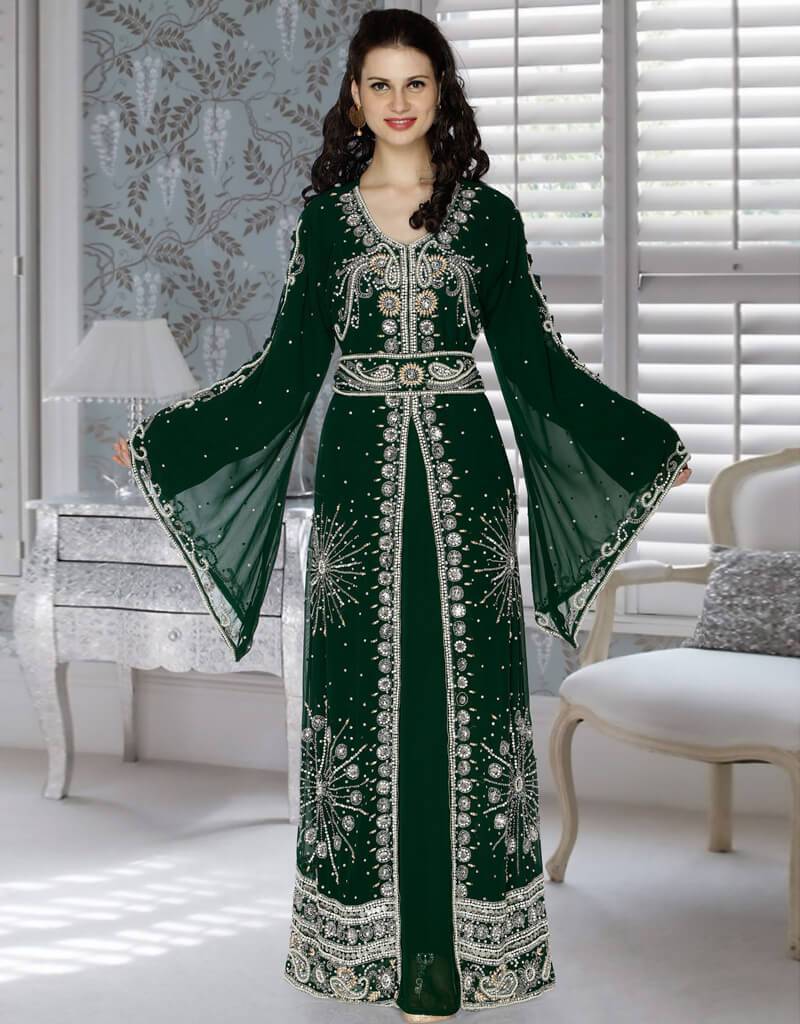 Modern Kaftan With Bell Sleeves Georgette Fabric, Green Color, Handmade, Newest, Takchita Style Bottle Green / 5XL Modern Kaftan With Bell Sleeves Georgette Fabric, Green Color, Handmade, Newest, Takchita Style Bottle Green / 5XL