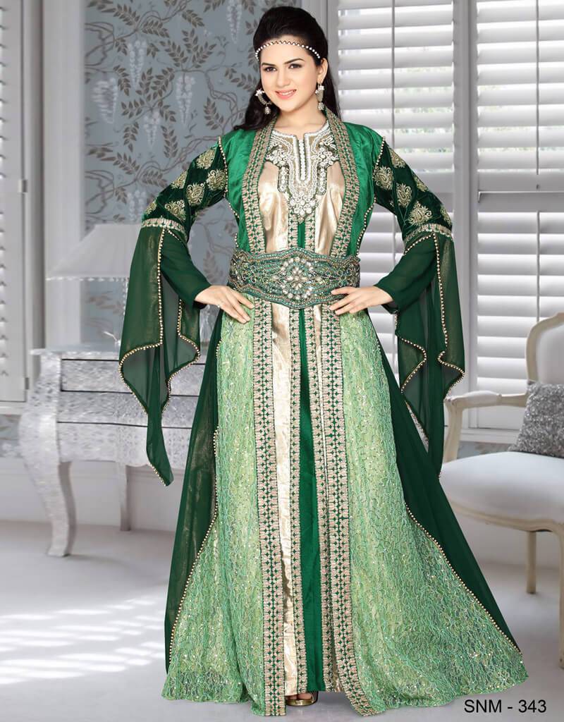Moroccan Kaftan with Hand Embroidery Moroccan Style, Georgette Fabric, Green Color, Handmade, Golden Embroidered Green / L Moroccan Kaftan with Hand Embroidery Moroccan Style, Georgette Fabric, Green Color, Handmade, Golden Embroidered Green / L