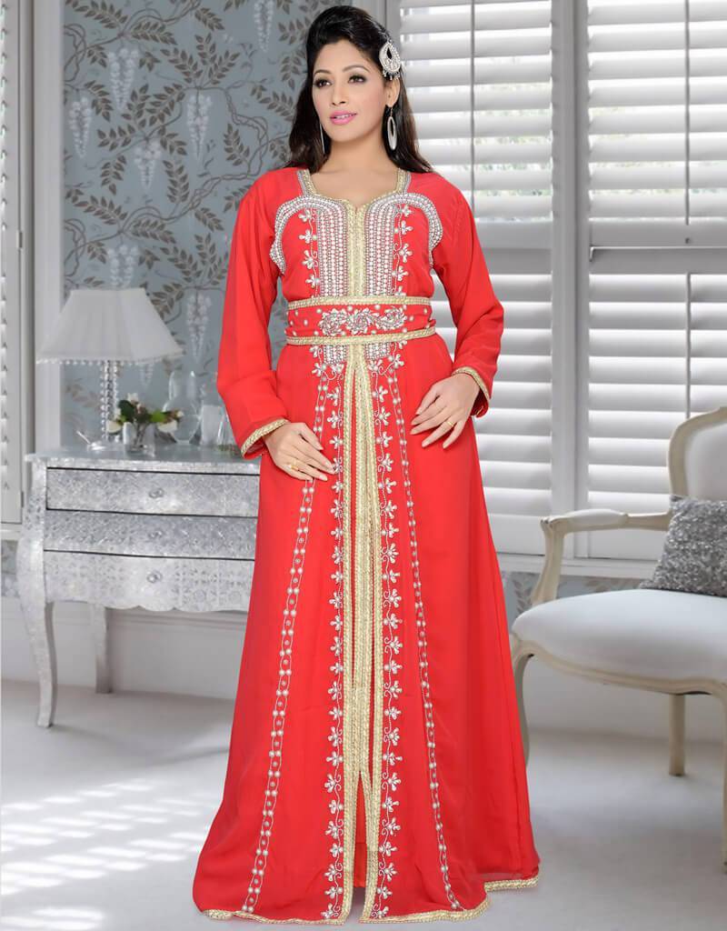 open lace back dress Moroccan Party Wear Kaftan with Gold Embroidery, Moroccan Style, Georgette Fabric, Red Color, Handmade, Silver Embroidered Red / 2XL