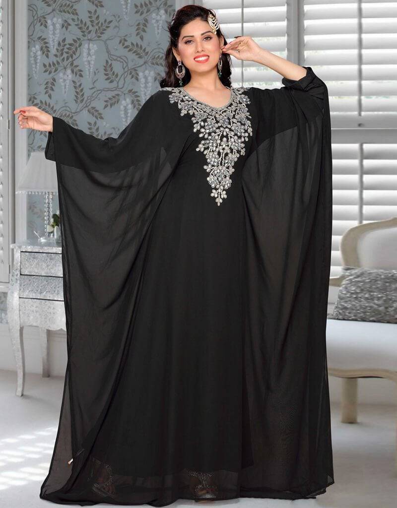 Smart Embroidered Farasha Kaftan Black Color, Farasha Style, Georgette Fabric, Handmade, Silver Embroidered Black / M
