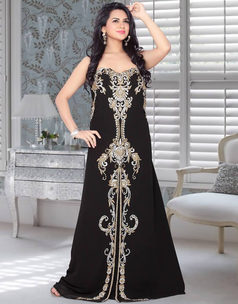 Sweet Heart Shape Neck In Fustan, Fustan Style, Georgette Fabric, Black Color, Handmade, Golden Embroidered Black / S Sweet Heart Shape Neck In Fustan, Fustan Style, Georgette Fabric, Black Color, Handmade, Golden Embroidered Black / S