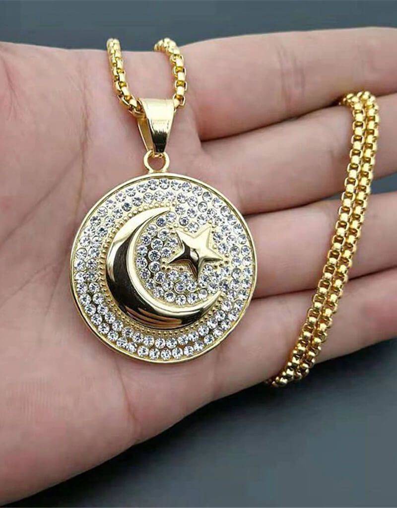 Crescent Moon And Mosque Islamic Pendant Necklace For Women Men Turkis