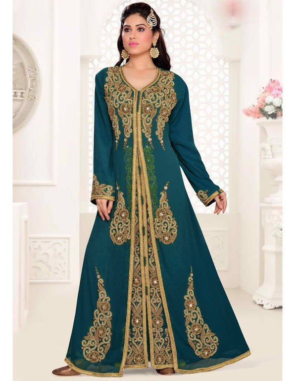A-Line Embroidered Kaftan Dress Green Color, Georgette Fabric, Handmade, Golden Embroidered, Aline Style Green / 2XL