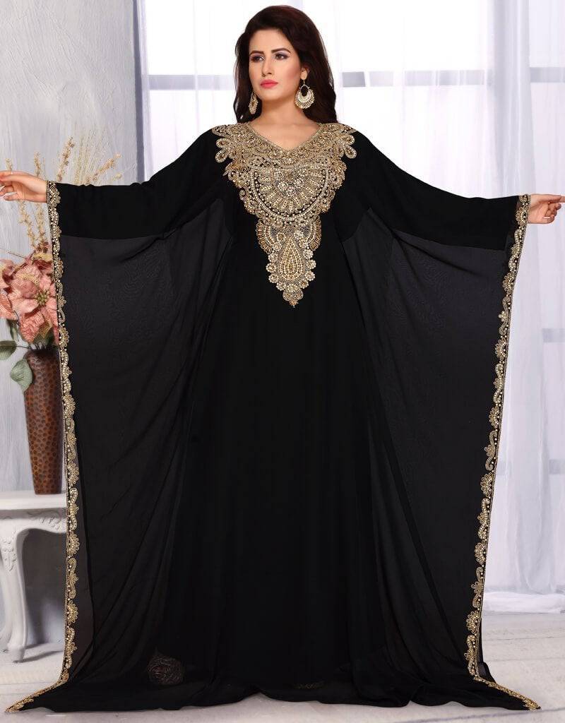 Farasha abaya with gold establishments Black Color, Copper Embroidered ...