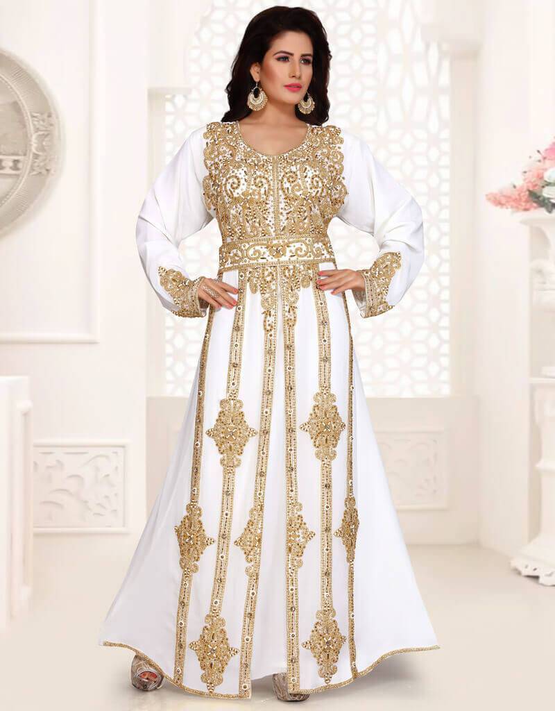 Gold beaded full sleeve morocan caftan Georgette Fabric, Golden Embroidered, Handmade, Takchita Style, White Color White / L Gold beaded full sleeve morocan caftan Georgette Fabric, Golden Embroidered, Handmade, Takchita Style, White Color White / L