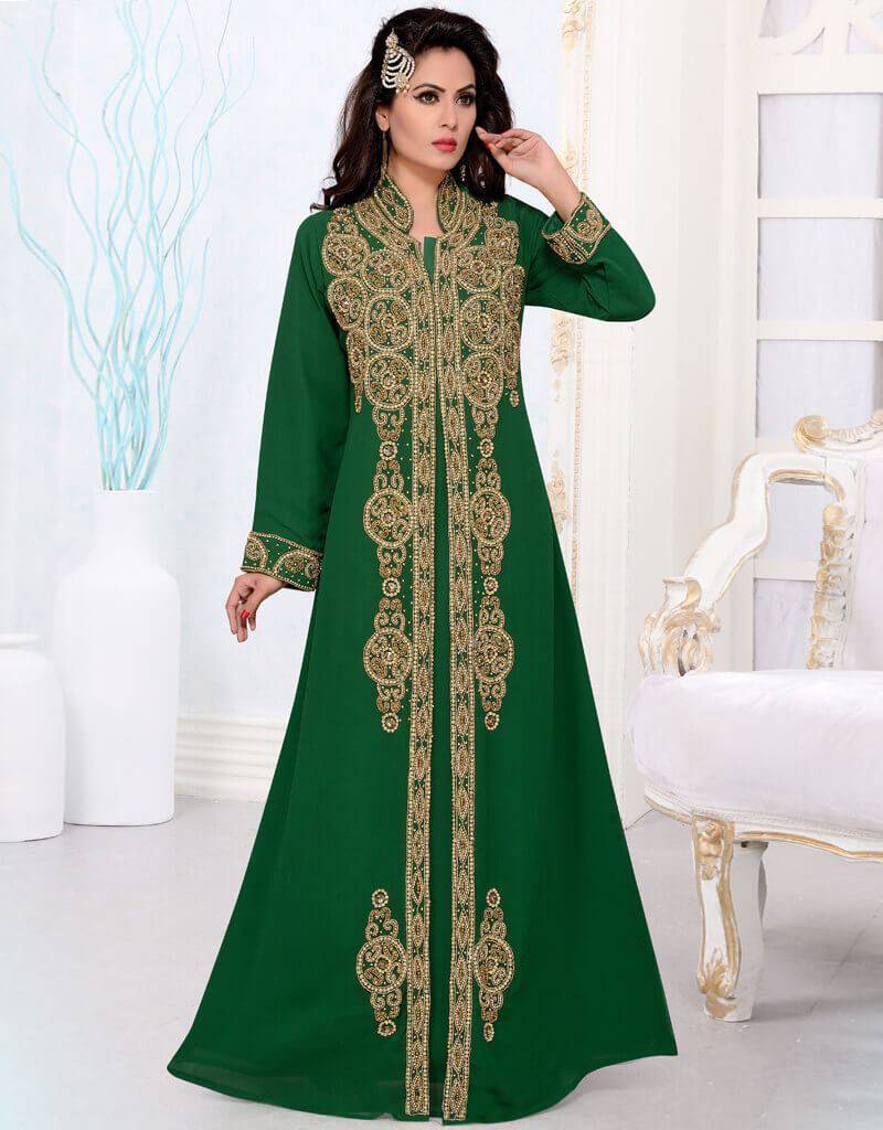 Islamic Arabic Caftan Jalabiya Aline Style, Copper Embroidered, Georgette Fabric, Green Color, Handmade Bottle Green / 7XL Islamic Arabic Caftan Jalabiya Aline Style, Copper Embroidered, Georgette Fabric, Green Color, Handmade Bottle Green / 7XL
