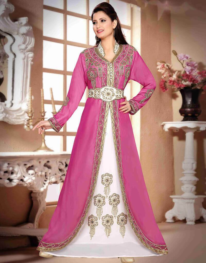 Jacket Style Moroccan Kaftan Wine Color, Georgette Fabric, Handmade, Golden Embroidered, Takchita Style Magenta / 5XL