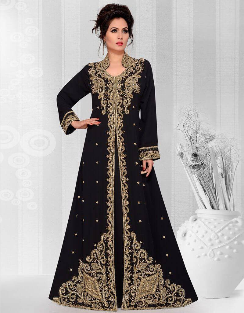Party wear arabic caftan Aline Style, Black Color, Georgette Fabric, Golden Embroidered, Handmade Black / 6XL Party wear arabic caftan Aline Style, Black Color, Georgette Fabric, Golden Embroidered, Handmade Black / 6XL