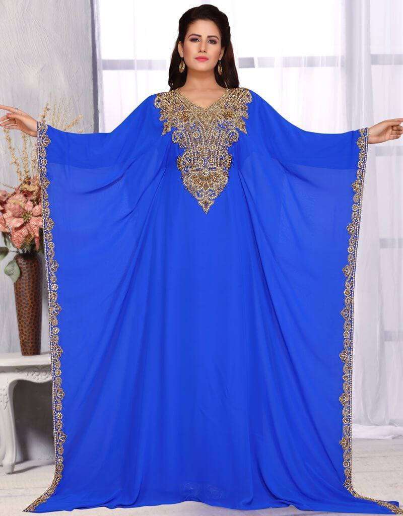 Side open kaftan farasha dress Blue Color, Copper Embroidered, Farasha ...