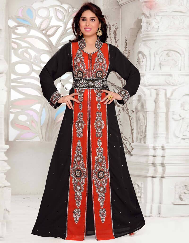 Stand Collar caftan with Silver work Black Color, Georgette Fabric ...