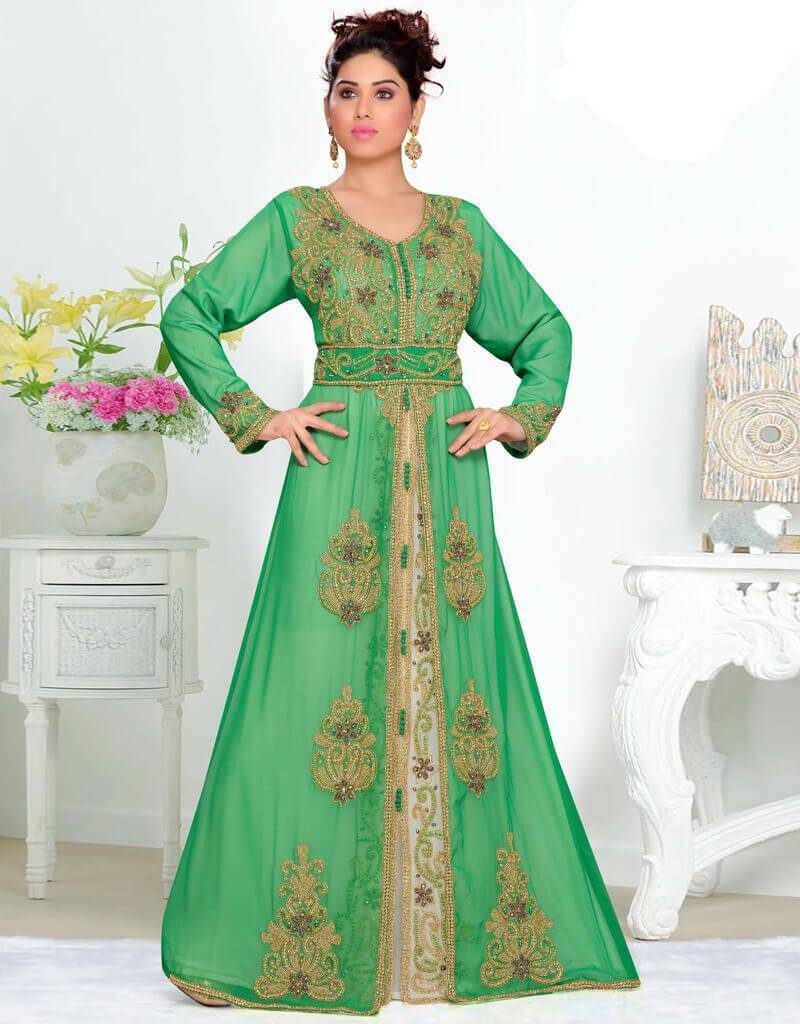 Bottle Green V-Neck Moroccan Golden Lace Kaftan M / 60 Inches / Matching Embroidered Scarf (24 X 71 Inches) Bottle Green V-Neck Moroccan Golden Lace Kaftan M / 60 Inches / Matching Embroidered Scarf (24 X 71 Inches)