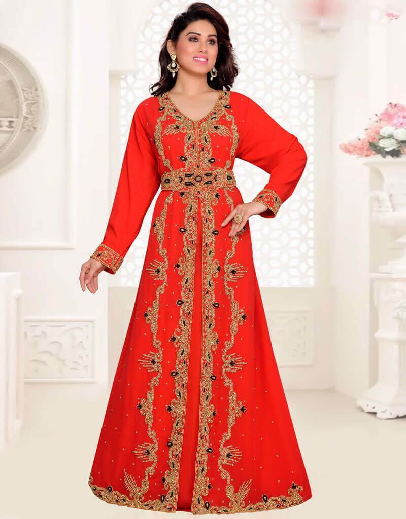 V Neckline Moroccan Style kaftan Red Color, Georgette Fabric, Handmade, Golden Embroidered, Moroccan Style Red / 5XL