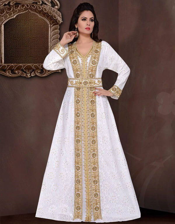 Wedding abaya gold beaded floor length Georgette Fabric, Golden Embroidered, Handmade, Moroccan Style, White Color White / L