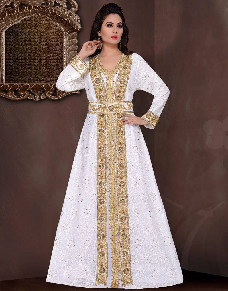 Wedding Abaya Gold Beaded Floor Length Georgette Fabric, Golden Embroidered, Handmade, Moroccan Style, White Color White / L Wedding Abaya Gold Beaded Floor Length Georgette Fabric, Golden Embroidered, Handmade, Moroccan Style, White Color White / L