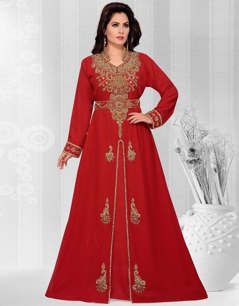 Women's kaftan Jalabiya style Georgette Fabric, Golden Embroidered