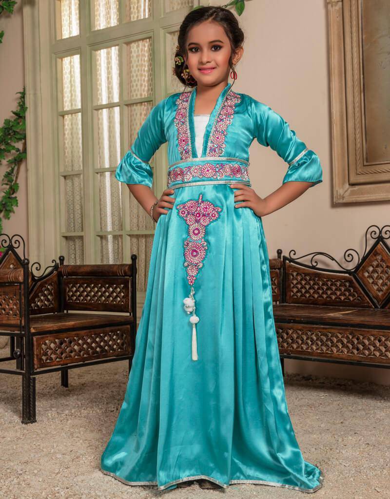 Kids Moroccan Silk Style Kaftan Moroccan Style, Silk Fabric, Turquoise Color, Machine Work, Multi Embroidered Arabic attire Kids Moroccan Silk Style Kaftan Moroccan Style, Silk Fabric, Turquoise Color, Machine Work, Multi Embroidered Arabic attire
