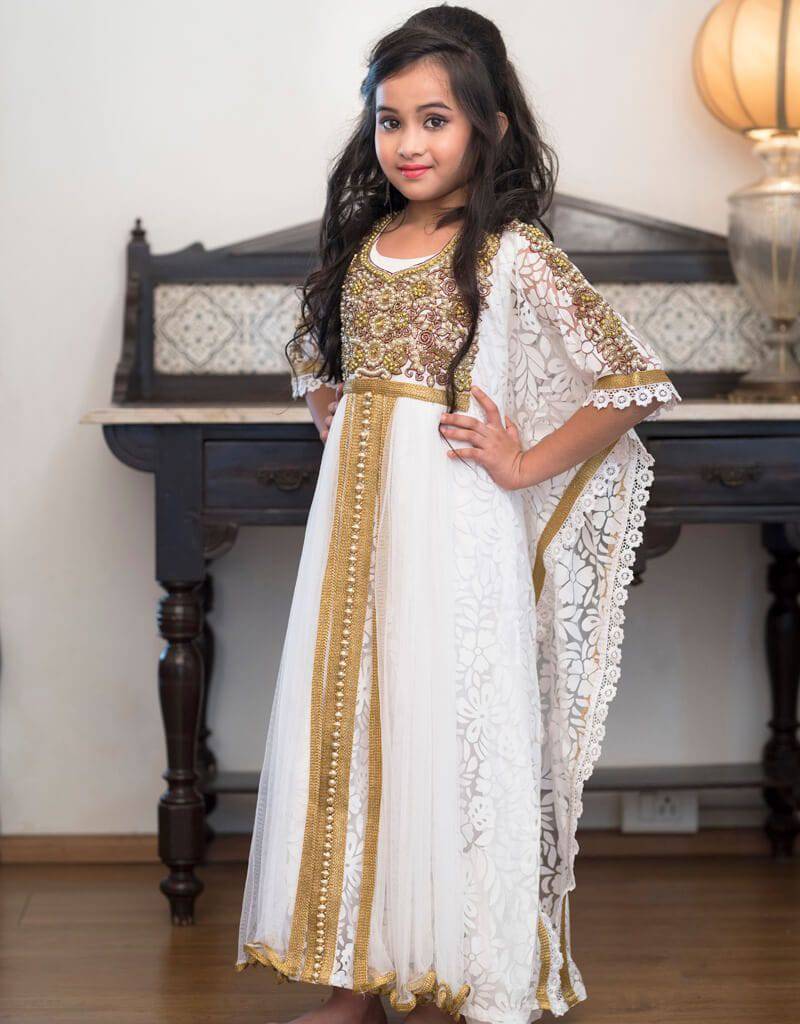 Party Dress With Gold Handwork Girl Kaftan Farasha Style, Brasso Fabric,  White Color, handmade, Golden Embroidered – Arabic attire