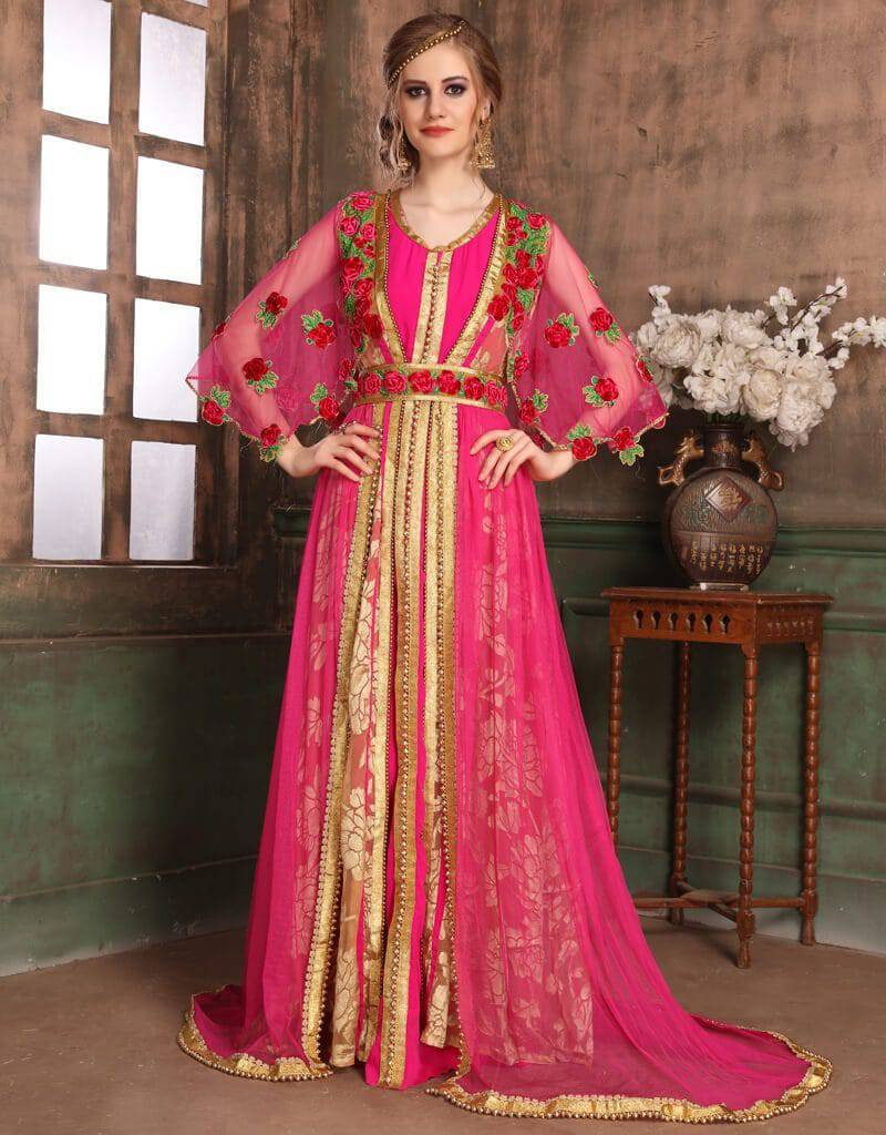 Jacket Moroccan Style Kaftan With Designer Sleeve Moroccan Style, Brasso Fabric, Pink Color, Machine Work, Multi Embroidered Arabic attire Jacket Moroccan Style Kaftan With Designer Sleeve Moroccan Style, Brasso Fabric, Pink Color, Machine Work, Multi Embroidered Arabic attire