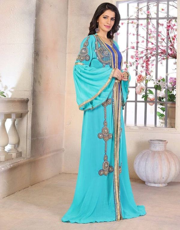 Moroccan Kaftan Wedding Clothes Moroccan, Georgette, Blue, Handmade, Golden Embroidered, Kaftans Arabic attire Moroccan Kaftan Wedding Clothes Moroccan, Georgette, Blue, Handmade, Golden Embroidered, Kaftans Arabic attire