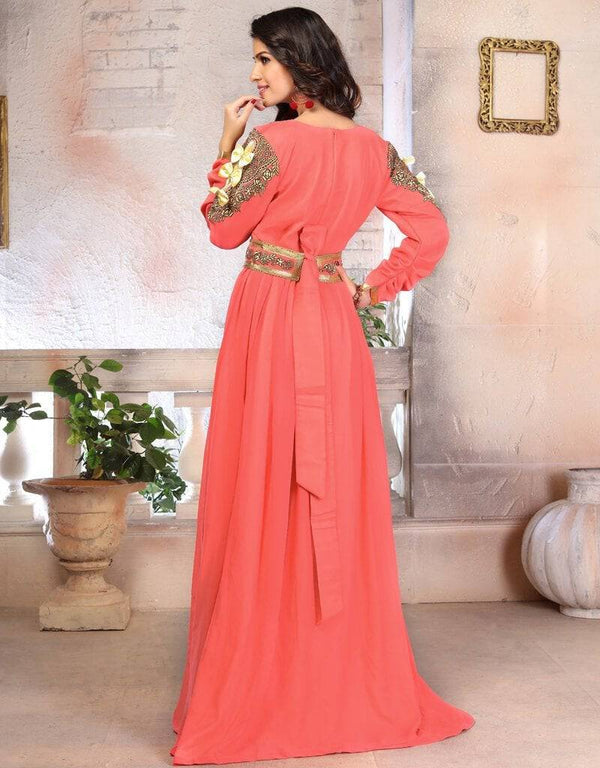 Moroccan Style Women dress Moroccan, Georgette, Peach, Handmade, Golden Embroidered, Kaftans – Arabic attire
